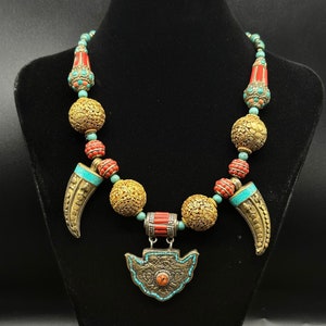 Old Tibetan Necklace With Old Engraved Flower Copper With Coral And Turquoise Beads