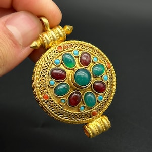 Old Tibetan Multi Natural Stone On Copper Gold Gilt Plated Temple Box Statue Pendant Amulet, Double Dorje Ghau Pendant