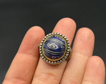 Old Amazing Afghani Round Blue Gabri Glass/Roman Glass With Silver Gold Plated Handmade Ring