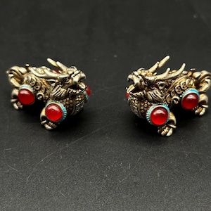 A Pair Of Old Dynasty Miao Silver Inlay Carnelian Gem Kylin Kirin, Chi-Lin, Kilin Qilin,