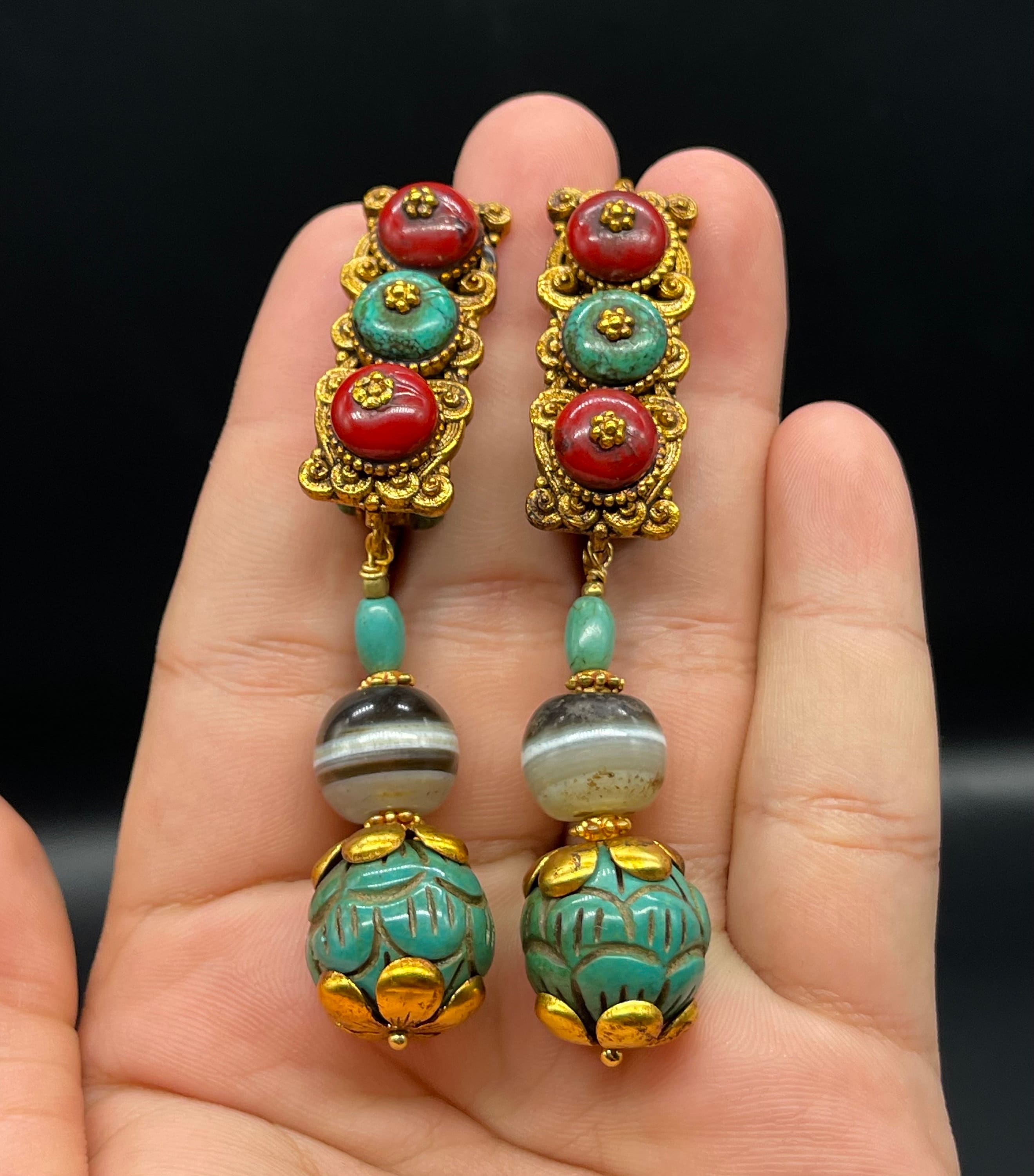 Natural ore southern red pearls, ancient golden phoenix design ear hook  earrings - Shop Angel's tears Jewelry Design Earrings & Clip-ons - Pinkoi