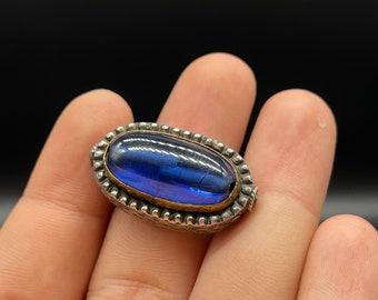 Old Afghani Handmade Silver Ring With Gold Plated On Sides And Oval Shape Blue Sapphire Stone