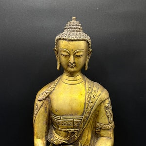 Amazing Antique Tibetan 18k Gold Gilded Bronze Buddha Statue With Tibetan Symbols All Over, Fine Hand Carved Ancient Buddha Top Quality Bron
