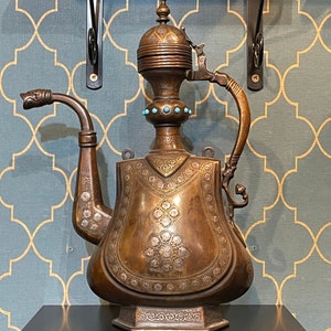 Old Ancient Very Beautiful Islamic Bronze With Turquoise Wrap Around And Silver Work Engraved Flower Works Top-Quality Bronze Tea Pot