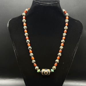 Old Tibetan Powerful 3 Eye Dzi Beads Necklace With Mix Natural Stones, Turquoise, Carnelian, Pumtek Beads