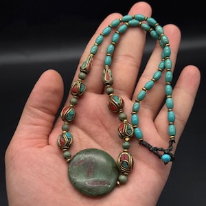 Gorgeous Tibetan Turquoise Necklace, Natural Turquoise Beads, Antique Coral & Engraved Tibetan Beads, Boho Spiritual Jewellery