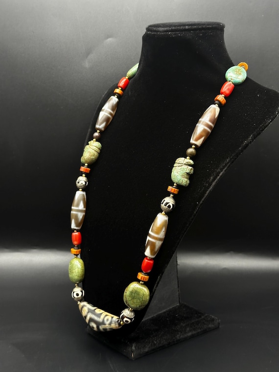 Stunning 9 Eye Dzi Old Authentic Himalayan Beads Necklace With