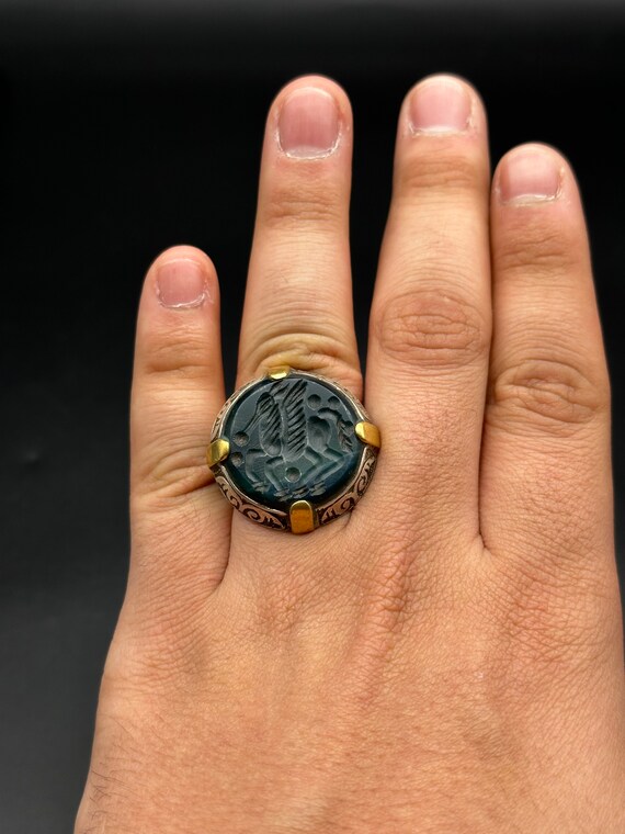 Unique Solid Silver Ring With Green Agate Carved … - image 7