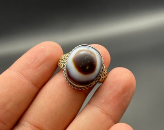 Old Handmade Afghani Silver Ring With Old Sulemani Aqeeq Agate And Gold Work On the Sides