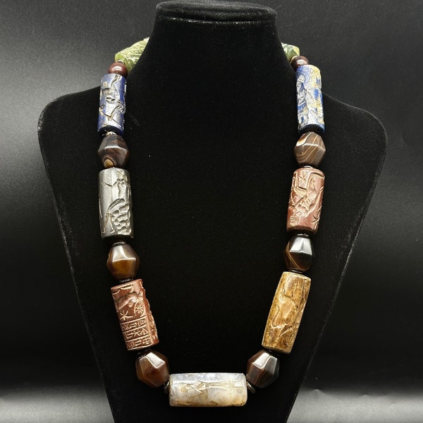 Wunderbare Einzigartige Alte Antike Indus Valley Zylinder Rollsiegel Mix Stein Achat, Jade, Lapis Lazuli, Perlen Intaglio Gravierte Roll Perlenkette