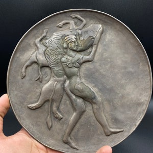 Old Ancient Roman Solid Silver Plate Depicting Minotaur Fighting Scene