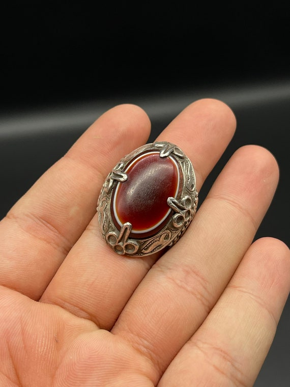 Very Beautiful Old Afghani Red Agate Ring With Han