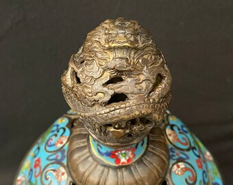 19世紀アンティークの中国皇帝用香炉（ペア）七宝焼き、ブロンズと底に