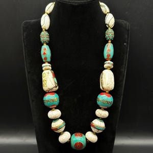 Very Beautiful Old Tibetan Shell Beads With Natural Tibetan Turquoise Beads Necklace