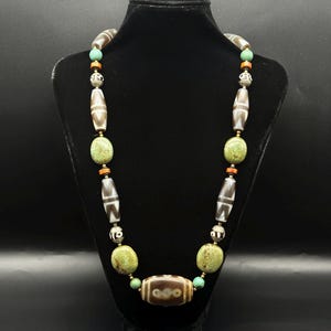 Very Beautiful 8 Eye Dzi Old Authentic Himalayan Beads Necklace With Himalayan Chong Dzi Beads And Turquoise Beads, Buddhist Beads,