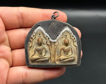 Old Thai - Rare Old Amulet Buddha, Religious Amulet, Double Buddha Pendant.
