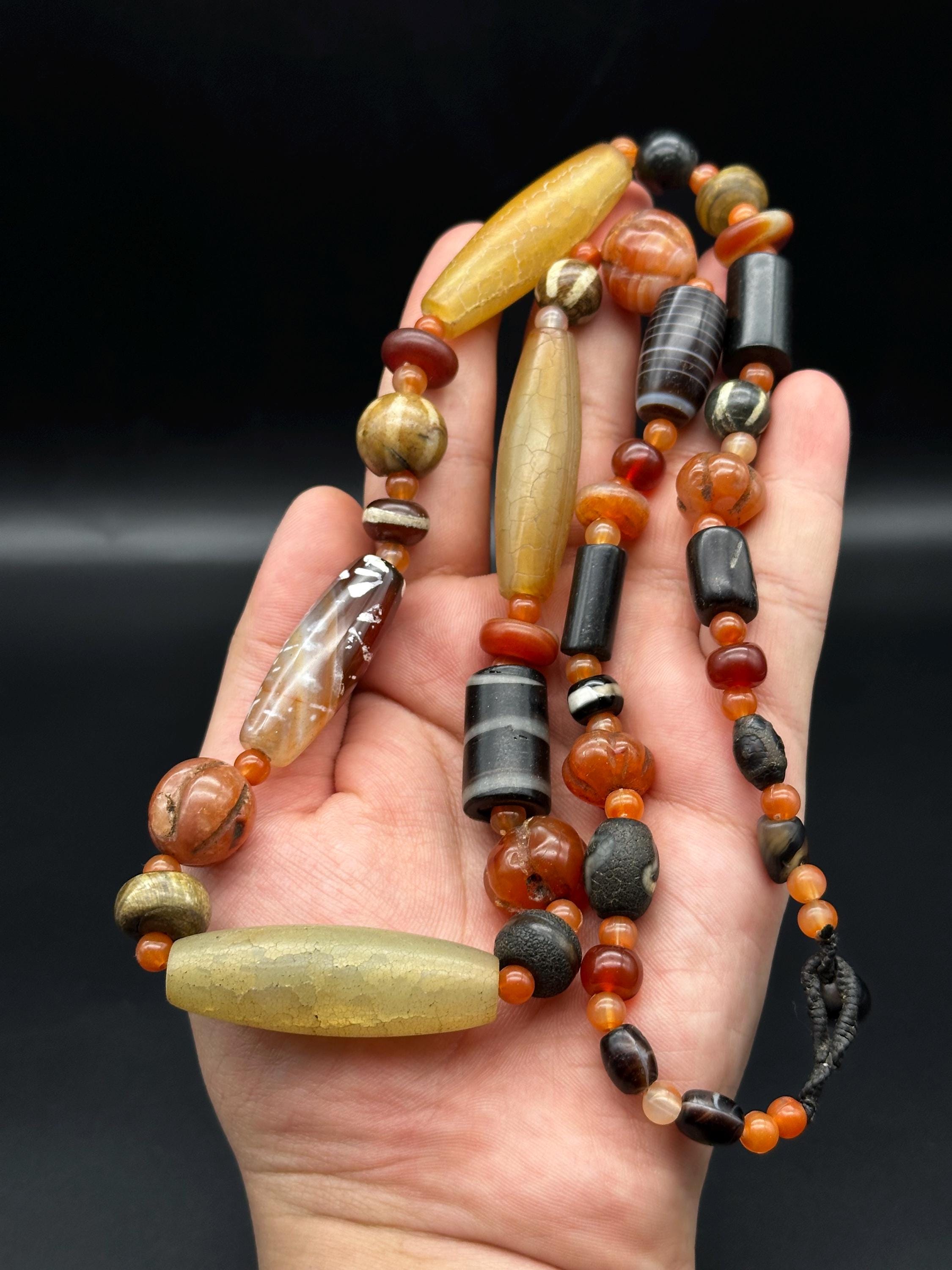 Collier De Perles En Agate Suleimani Et Cornaline - Longueur 20" - Vintage Moyen-Orient
