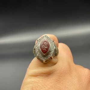 Old Tradition Afghani Silver Plated Ring With Wonderful Carved Antelope Animal On Natural Red Agate Ring