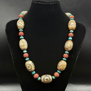 Gorgeous Old Himalayan Multiple 3 Eye Dzi Beads Necklace With Natural Small Turquoise Beads And Coral Beads Necklace
