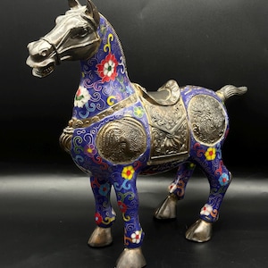 Very Gorgeous Antique Bronze Horse Blue Cloisonne Enamel Bronze, Top Quality Horse Figure, Art Deco, Home Decorating