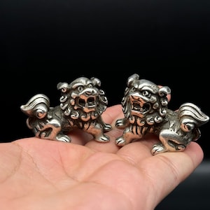 A Pair Of Old Oriental Silver Plated Pair Guardian Lion Foo Fu Statue