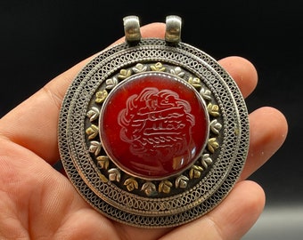 Amazing Old Traditional Afghani Handmade Silver Pendant With Carved Islamic Writing On Natural Red Agate
