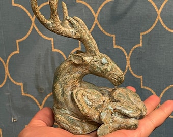 Very Beautiful Old Antique Mongolian Deer Sculpture In Old Bronze, Art Deco