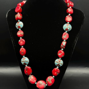 Stunning Tibetan Style Natural Turquoise Engraved Bamboo Coral Beads Necklace With Handmade Turquoise Beads From Tibetan Jewellery