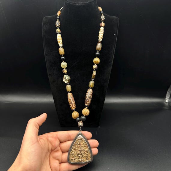 Beautiful Ancient Thai Temple Wood Pendent Mix Stone Beads