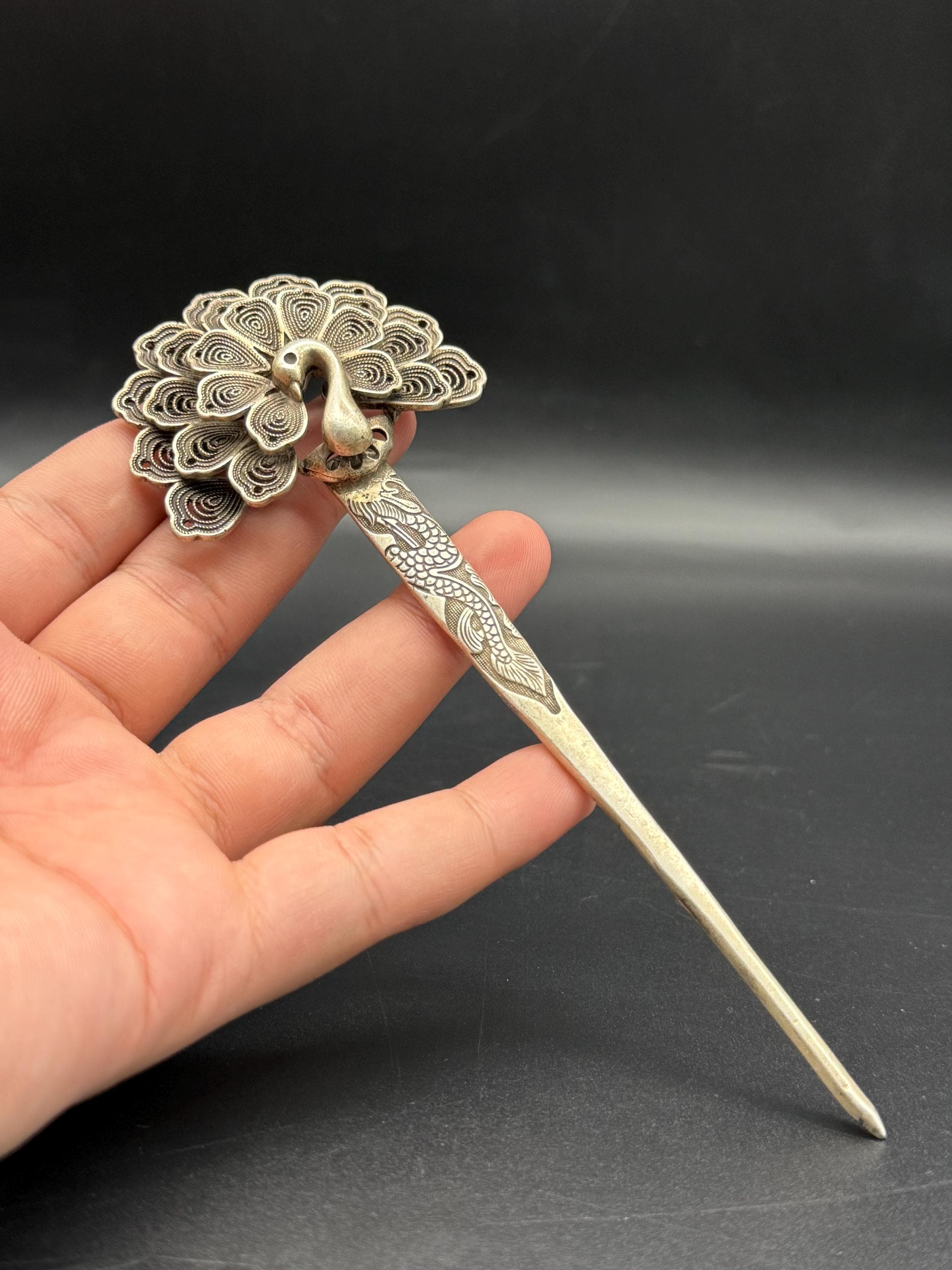 Antique Chinese/tibetan Silver Peacock Hairpin. Ornate Handmade