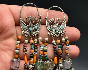 Gorgeous Vintage Waziri Silver Earring With Mix Stones From Pakistan