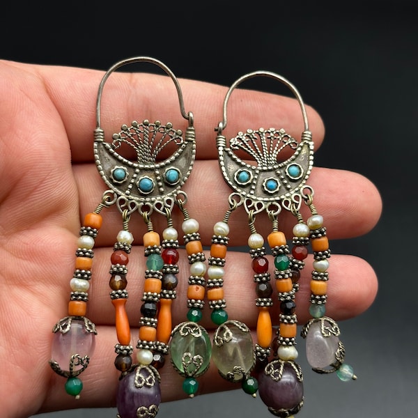 Gorgeous Vintage Waziri Silver Earring With Mix Stones From Pakistan