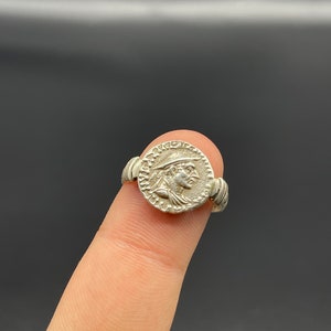 Muy hermosa auténtica moneda de plata sólida griega romana antigua hecha en anillo, anillo unisex