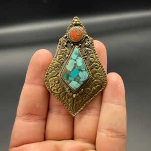 Beautiful Tibetan Brass Pendant with Inlayed Turquoise, Unisex Pendant