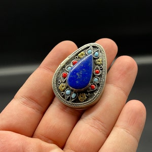 Old Traditional Afghani Natural Blue Lapis Lazuli Pendant With Handmade Silver Ring