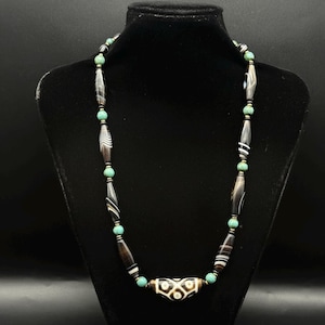 Fabulous Powerful Old Tibetan 9 Eye Dzi Beads, Lucky Eye Agate Dzi Bead Necklace With Natural Stones Turquoise
