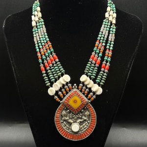 Very Gorgeous Tibetan Necklace With Old Mix Natural Green Turquoise, Red Coral, Shell Beads With A Beautiful Pendant With Flowers