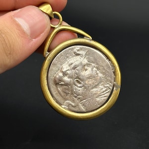 Wonderful Old Authentic Indo-Greek Silver Coin With Gold Gilted Cover Pendant