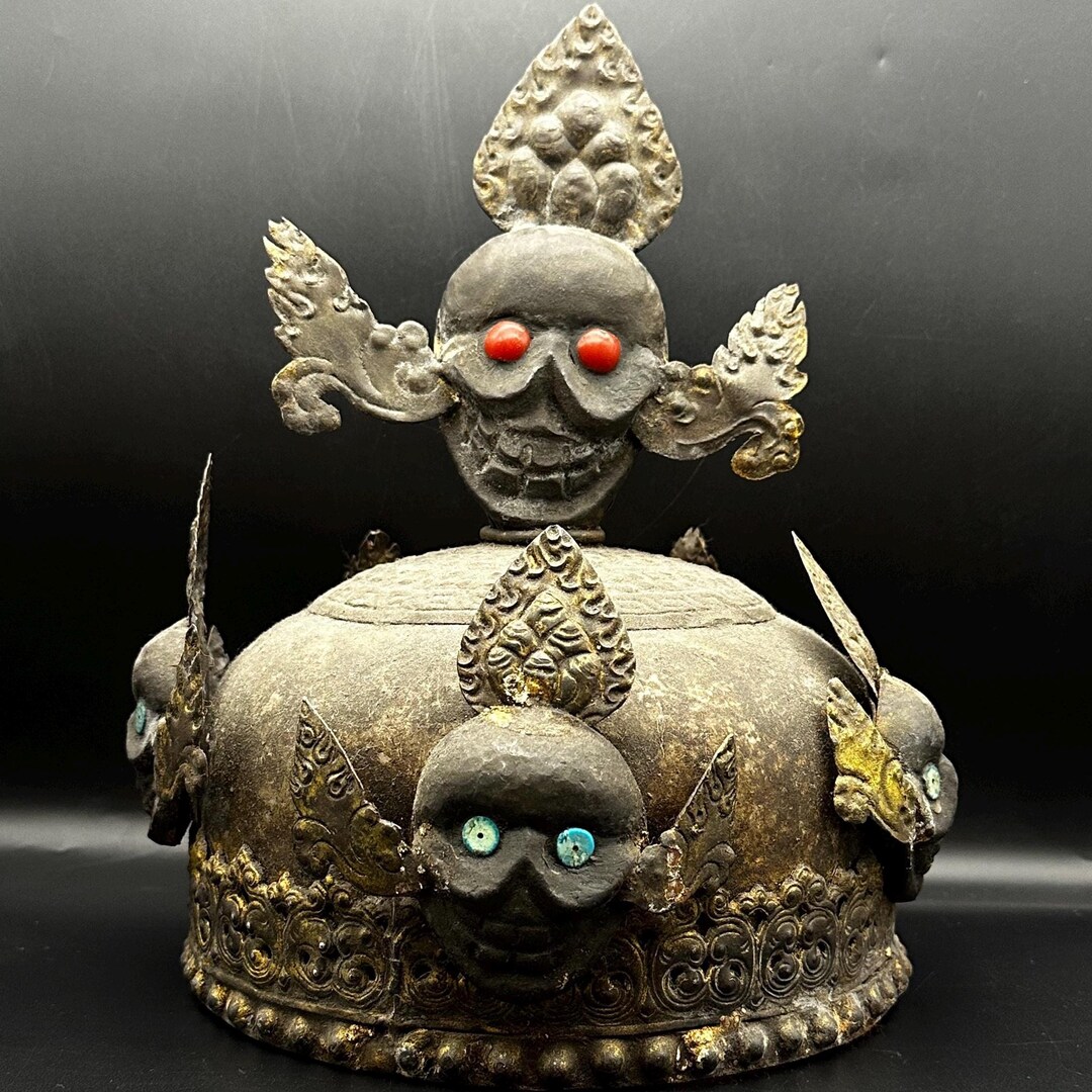 Old Ancient Tibetan Buddhism Bronze Gold Skeleton Devil Skull Head