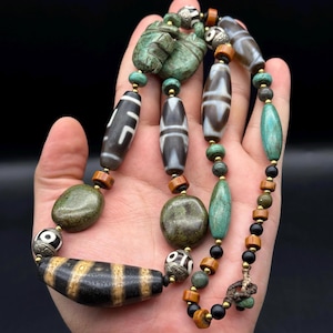 Ancient Himalayan Indo Tibetan Strip Bead With Chong Dzi Beads And Natural Tibetan Coral/Turquoise Elephant Shape Beads