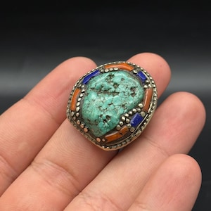 Unique Tibetan Silver Plated Ring with Mixed Natural Stones, Turquoise, Coral & Lapis Lazuli, Boho Statement Ring, Spiritual Jewellery