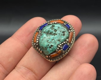 Tybetański srebrny pierścień, turkusowy koral i lapis lazuli, biżuteria duchowa w stylu boho