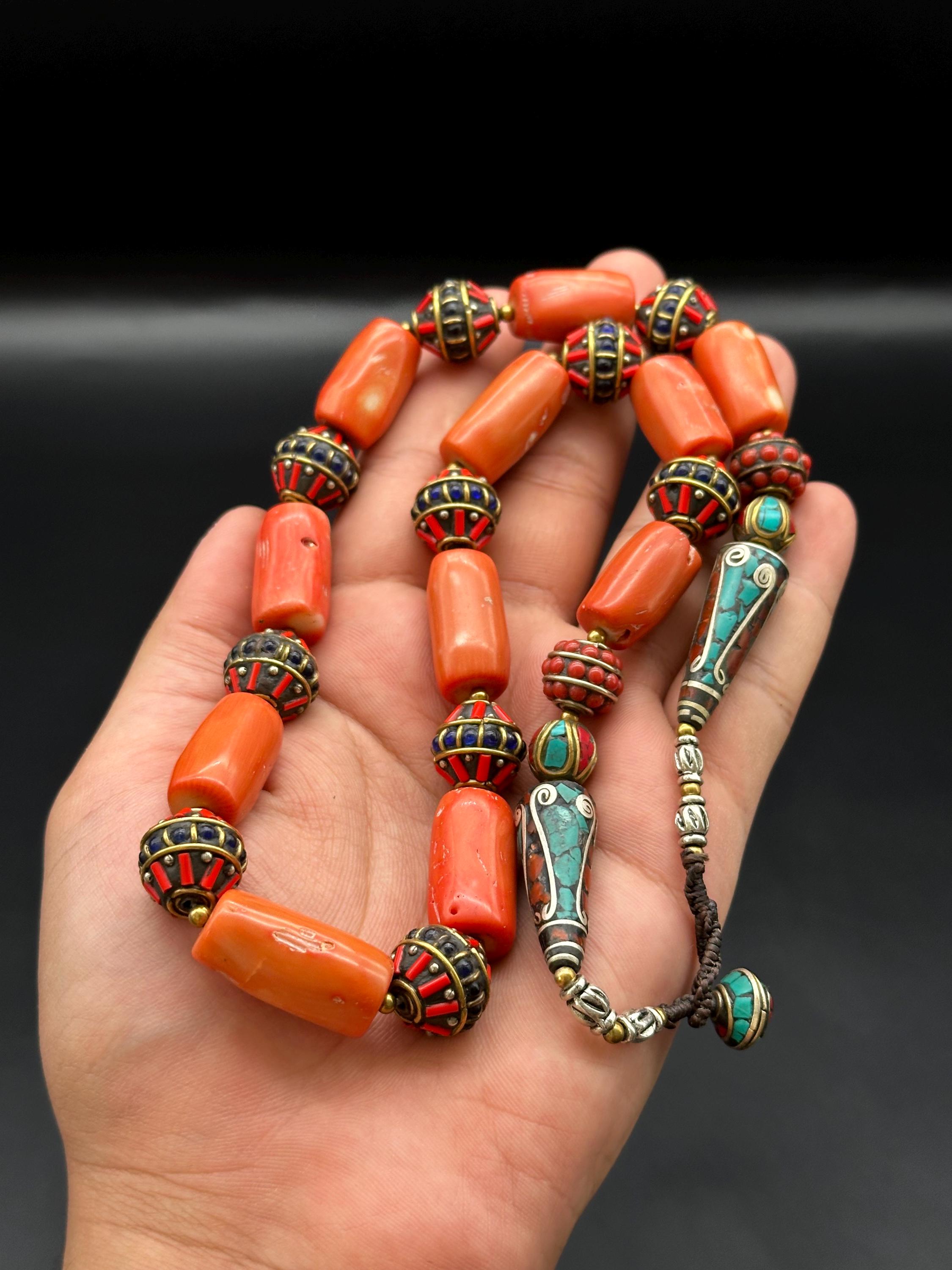 Old Fabulous Tibetan Style Natural Coral Beads Necklace With