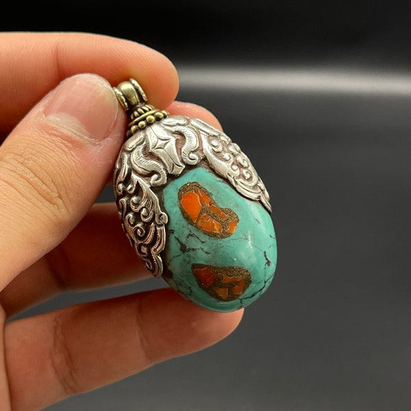 Beautiful Natural Tibetan Turquoise Inlayed Coral Old Tibetan Handmade Silver Engraved Tibetan Symbols Pendant