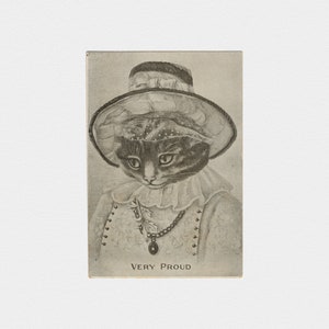 1910 Carte postale de chat habillé « très fier » | Antique indivis monochromatique noir blanc sépia ton animal anthropomorphe édouardien Carte postale