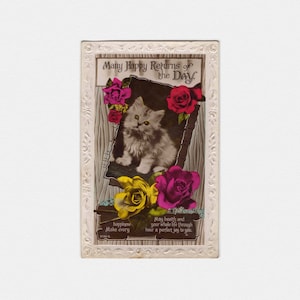 1937 Kätzchen & Rosen Geburtstag Katze Postkarte | Vintage Midcentury Glossy Hot Pink Neon Gelb Rot Geprägte RPPC Real Photo Postkarte Ephemera