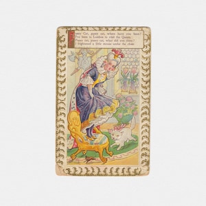 1910 Comptine "Pussy Cat" Chromo Cartes Postales | Carte postale de voeux chromolithographique en relief édouardien antique de la reine de l'ère rococo