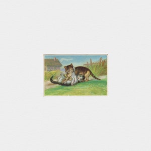 ca. 1880er Jahre Verspielte Farm Katzen Chromo Viktorianische Handelskarte | Antike unbenutzte geprägte Chromolithographic Scrapbook Werbung Ephemera