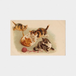 ca. 1902 Helena Maguire Kittens Chasing Yarn Chromo Cat Postcard | Antique Raphael Tuck & Sons Unused Undivided Chromolithograph Card #1617