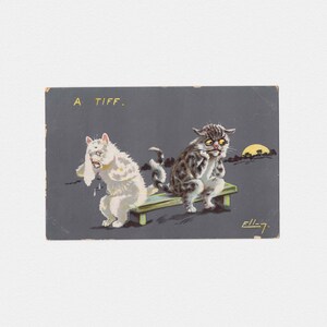 Carte postale Ellam « A Tiff » Chromo Cat des années 1910, artiste signée | Carte Postale Romantique de couple de chat anthropomorphe chromolithographique antique craché